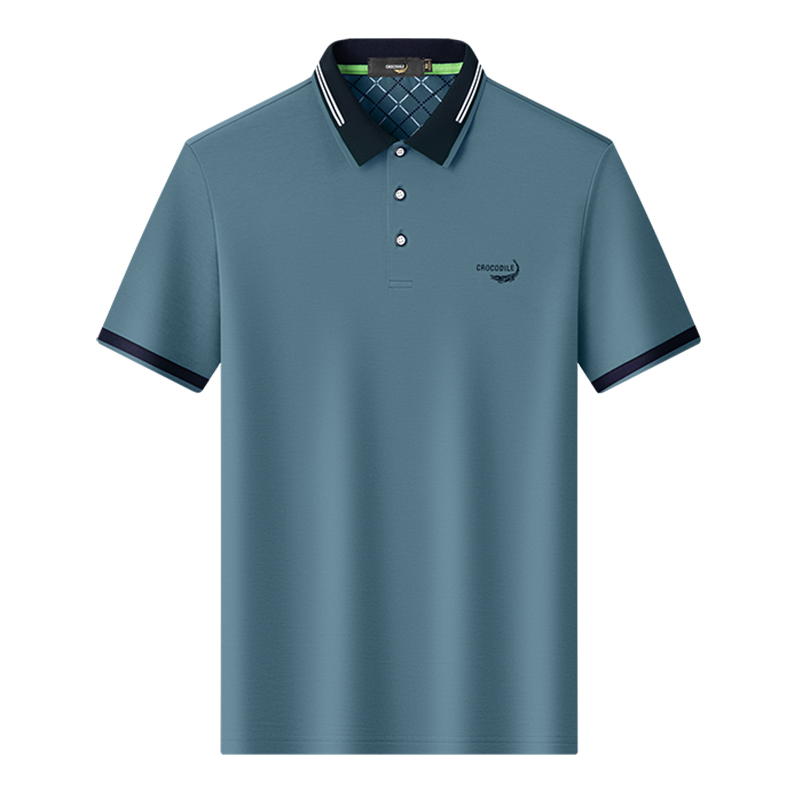 鳄鱼恤CROCODILE 夏季男士高档舒适商务撞色翻领短袖polo衫 46码 灰蓝
