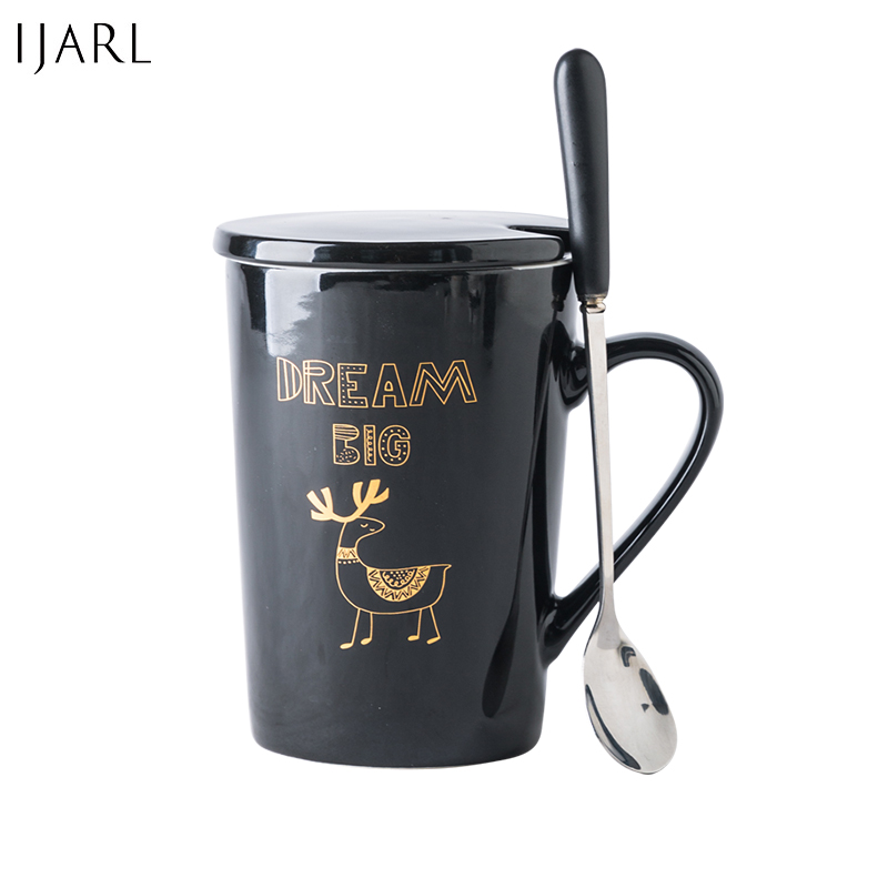 亿嘉IJARL 创意陶瓷杯马克杯杯子带盖带勺可爱咖啡杯