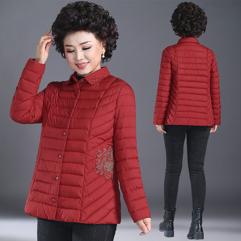 迪鲁奥(DILUAO)高端轻奢中老年棉服女妈妈外套女秋冬短款小棉袄中年人冬装轻薄棉服大码中老年棉衣 红色 4XL(建议135-150斤左右)