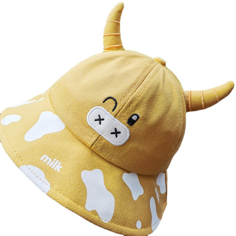 英飞腾新款夏季儿童渔夫帽遮阳帽子卡通小牛男女宝宝沙滩太阳帽盆帽