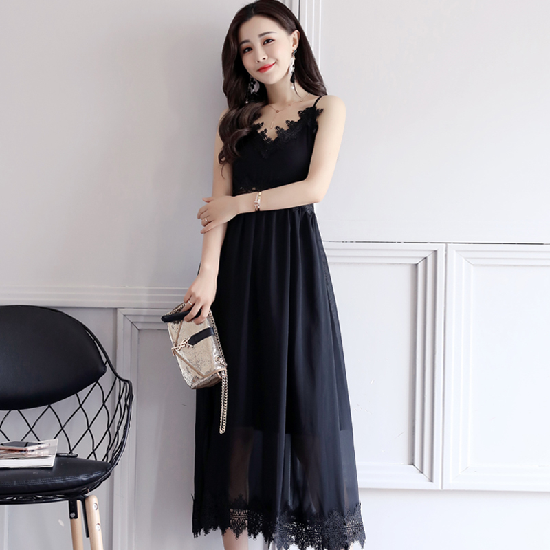 女士夏装潮水溶花镂空蕾丝带连衣裙显瘦黑色礼服度假中长裙女