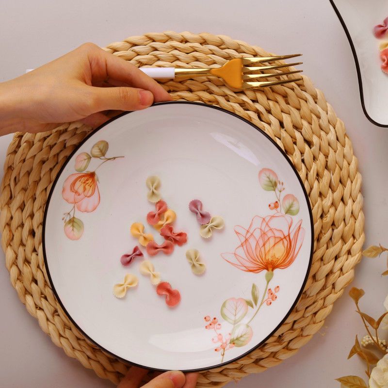 田园风家用盘子陶瓷水果盘长方形圆形创意菜盘子组合个性汤盘日式2个