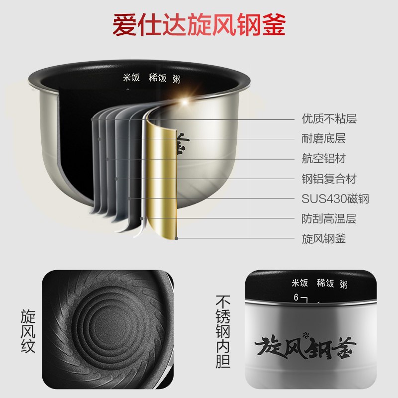 爱仕达 家用小型3L电饭煲IH电磁加热1200W大功率2.5mm旋风钢釜 AR-F30I518高清大图