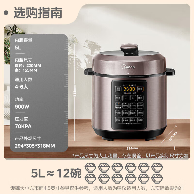 美的(Midea)电压力锅 深汤系列 5升高压锅家用双胆多功能智能预约电高压锅煮煮饭汤锅 MY-E5924G高清大图