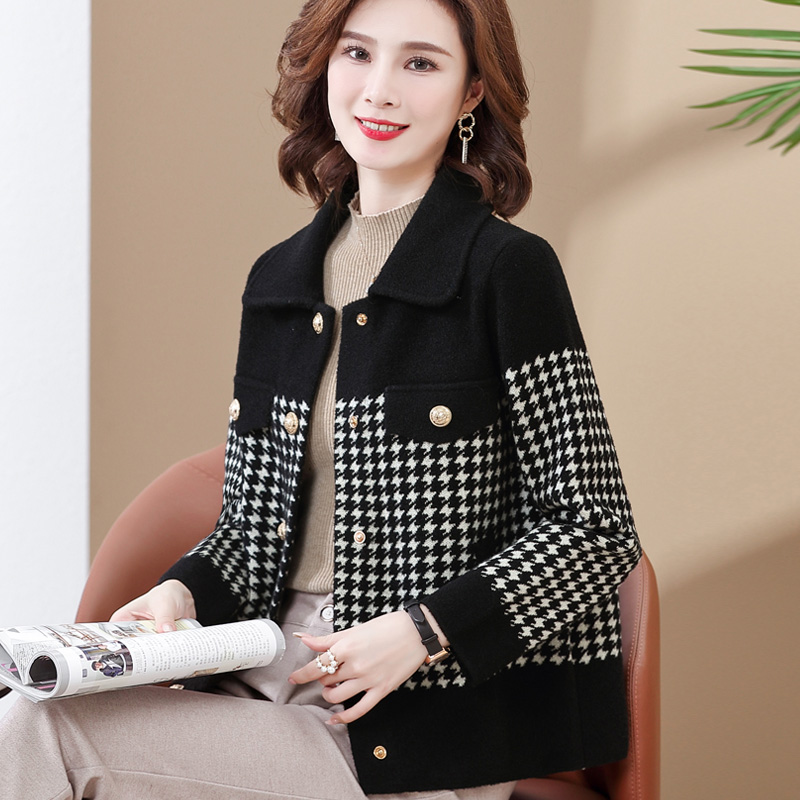 恒源祥小香风妈妈春秋装羊毛针织外套2024新款中老年女装洋气夹克 2XL建议125-140斤 黑白