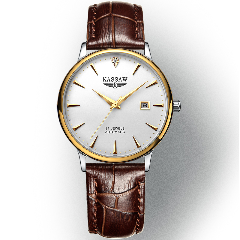 卡梭(KASSAW)手表自动机械表男表时尚商务休闲皮带蝴蝶扣男士手表女表防水情侣表K865GL 间金白面女表