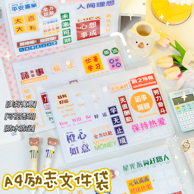 励志文字A4透明文件资料袋高颜值按扣试卷票据收纳补习袋-前程似锦-1个
