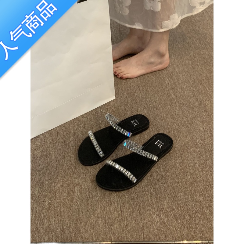 SUNTEK气质简约一字拖鞋仙女鞋子外穿2023年新款夏季法式水钻小凉拖凉鞋高清大图