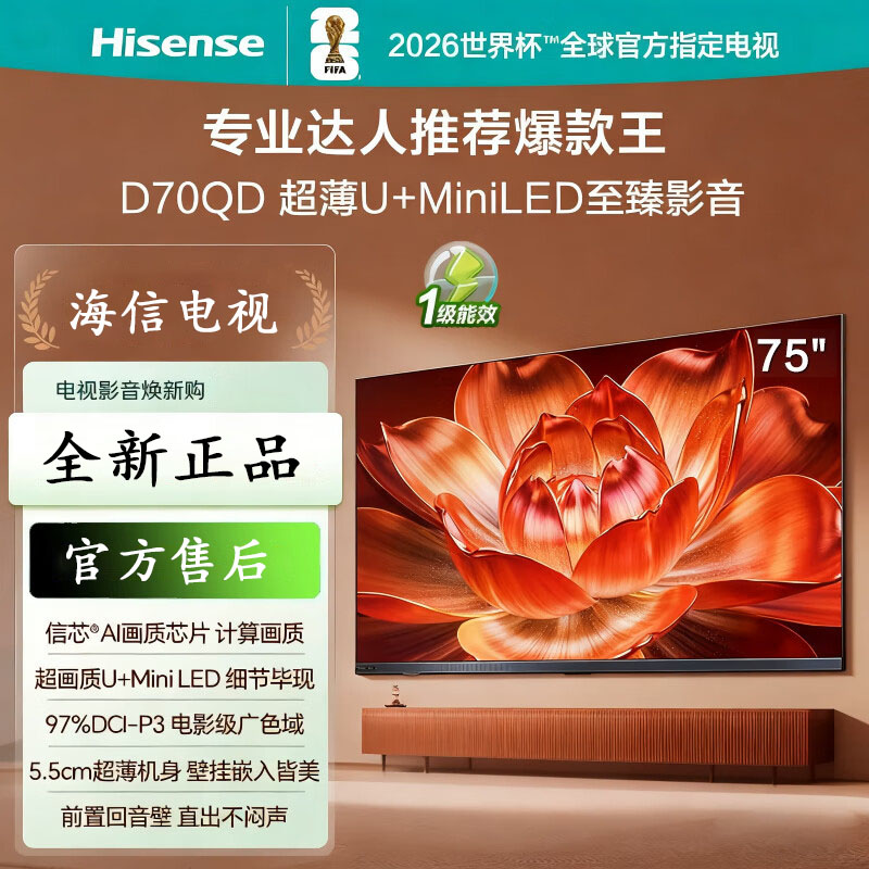 海信电视 75D70QD 75英寸 信芯AI画质芯片U+Mini LED 电视机 超薄 288Hz高刷 前出音