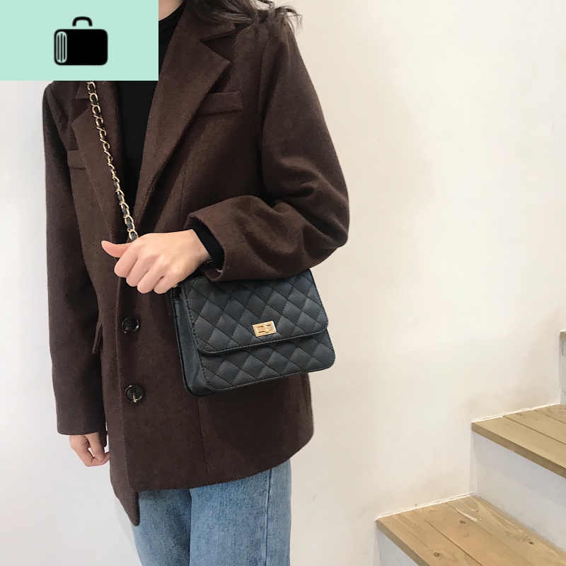 韩国气质chic链条小方包单肩斜挎包2020ins时尚简约菱格纹包包女NEW LAKE 黑色升级可调节女斜挎包