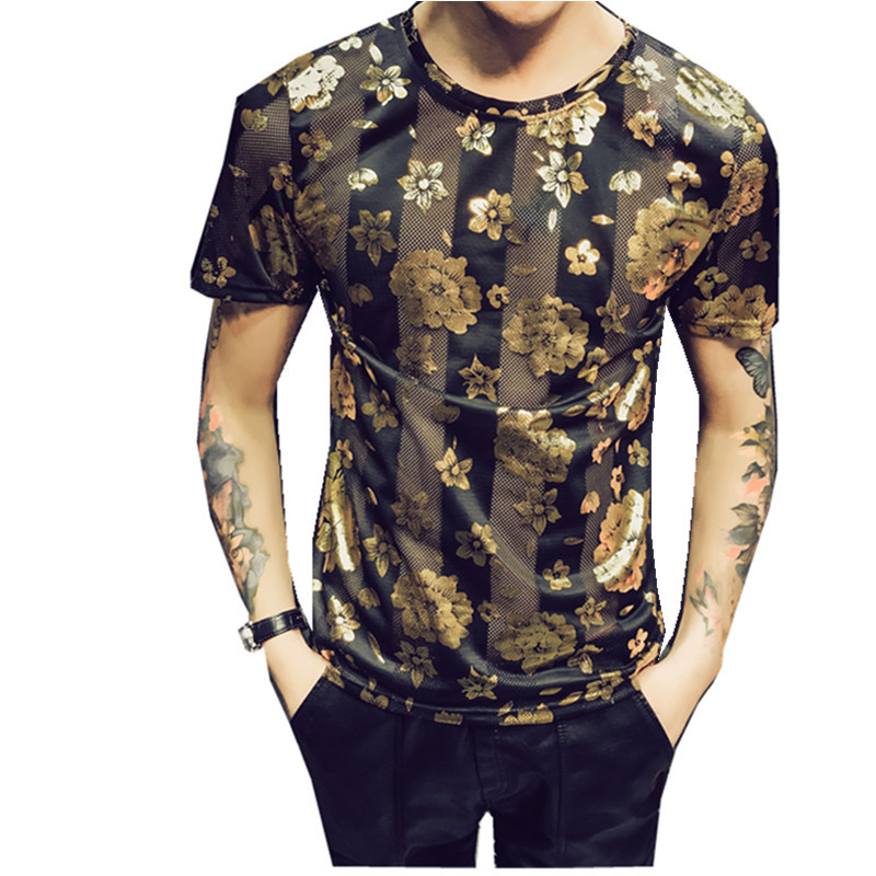 夏天个性镂空花色t恤男短袖帅气潮男半截袖夏季流行薄款花纹t恤男