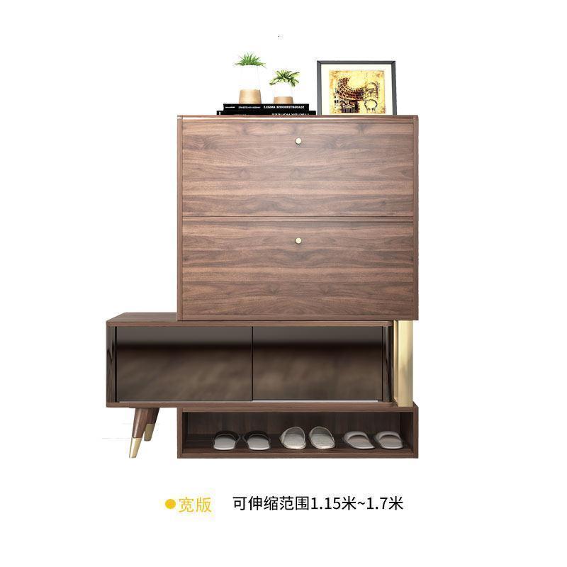 北欧实木鞋柜家用口可坐大容量伸缩转角可坐带换鞋凳胡桃色_11_600 胡桃色拉伸鞋柜组装