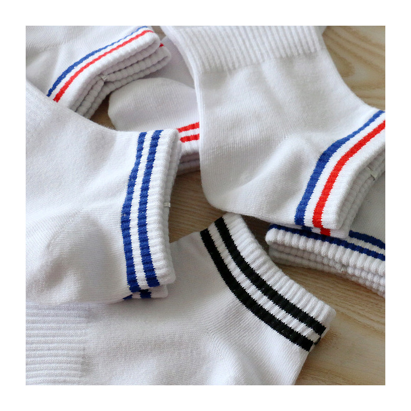 4双装纯棉男士袜子男条纹螺口白色船袜短袜男运动白袜控浅口袜子