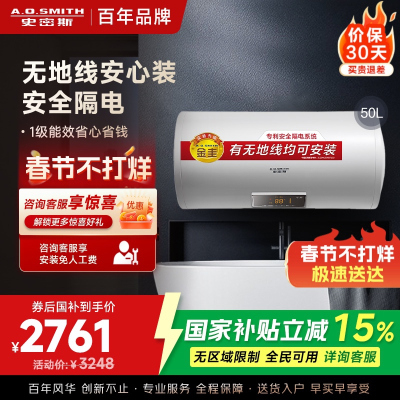 AO史密斯(A.O.Smith)50升2000W 电热水器 E50VDS 金圭内胆 无地线 家用壁挂式储水式