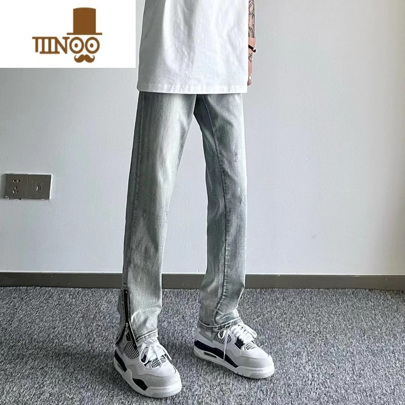 YANXU侧边拉链微喇牛仔裤男水洗痞帅裤子网红美式高街潮牌直筒长式高清大图