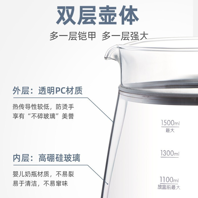 苏泊尔(SUPOR)养生壶 1.5L煮茶器花茶壶玻璃电茶壶 电水壶烧水壶电热水壶 保温煮茶壶 燕窝壶 SW-15YT32