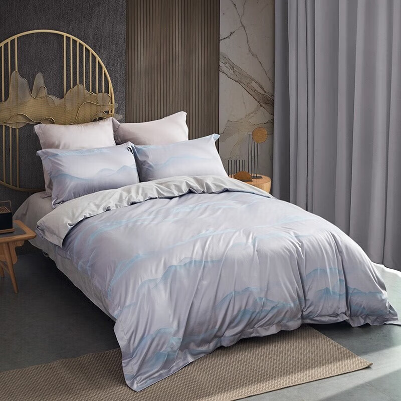 罗莱家纺四件套纯棉床单被罩枕套提花黛烟雨眠床上用品230*250cm高清大图
