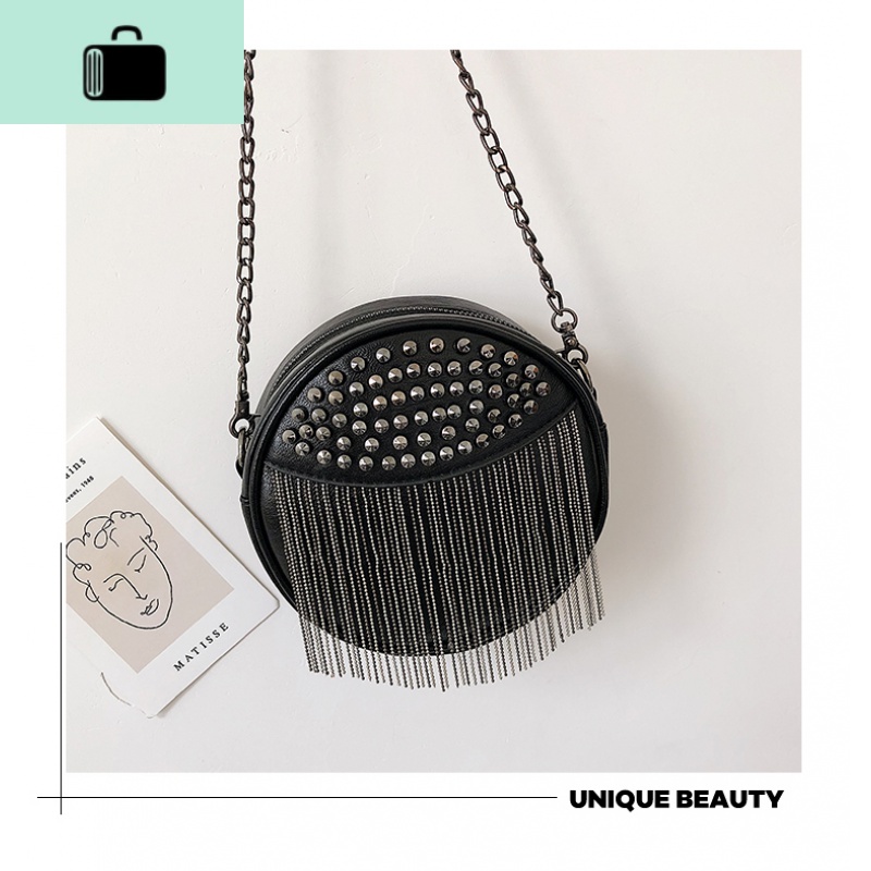 新款流苏小圆包chic链条单肩女包包柳丁包时尚百搭流行斜挎女包潮NEW LAKE 黑色女士单肩包
