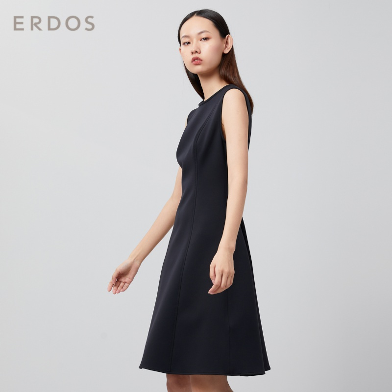 ERDOS 20春夏圆领纯色简约无袖中长款连衣裙收腰显瘦