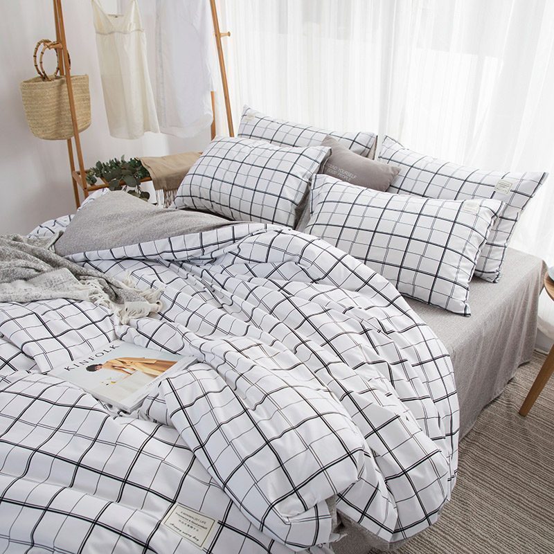美帮汇格子四件套简约北欧风格 床单大学生宿舍上下床铺盖套灰色男生 格调-茶白 床笠款：1.8床四件套【被套适合220*240被芯】