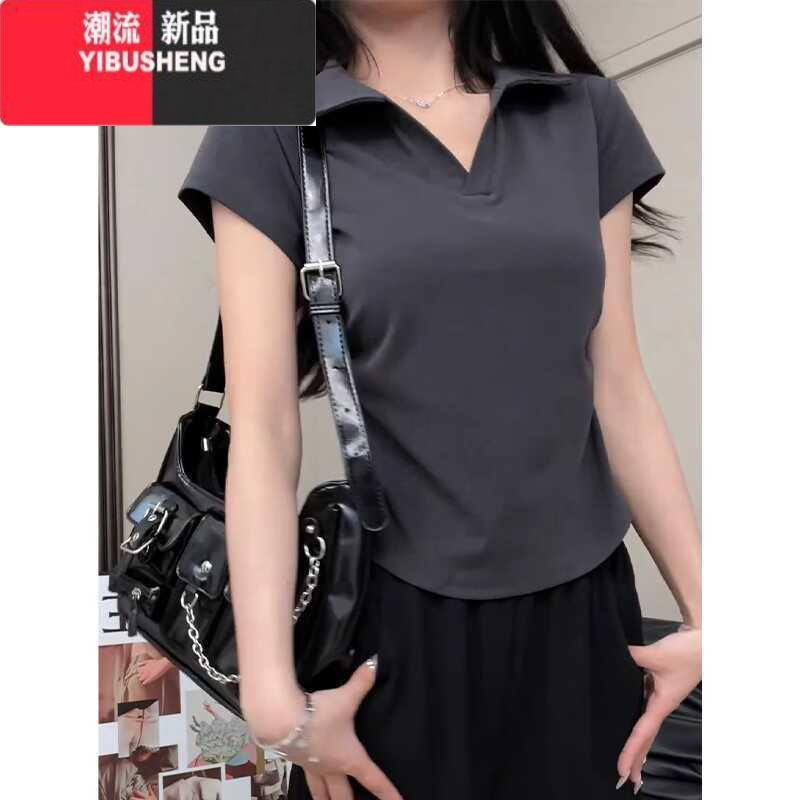 YIBUSHENG大码灰色POLO领短袖T恤女季胖mm显瘦不规则翻领体恤V领上衣