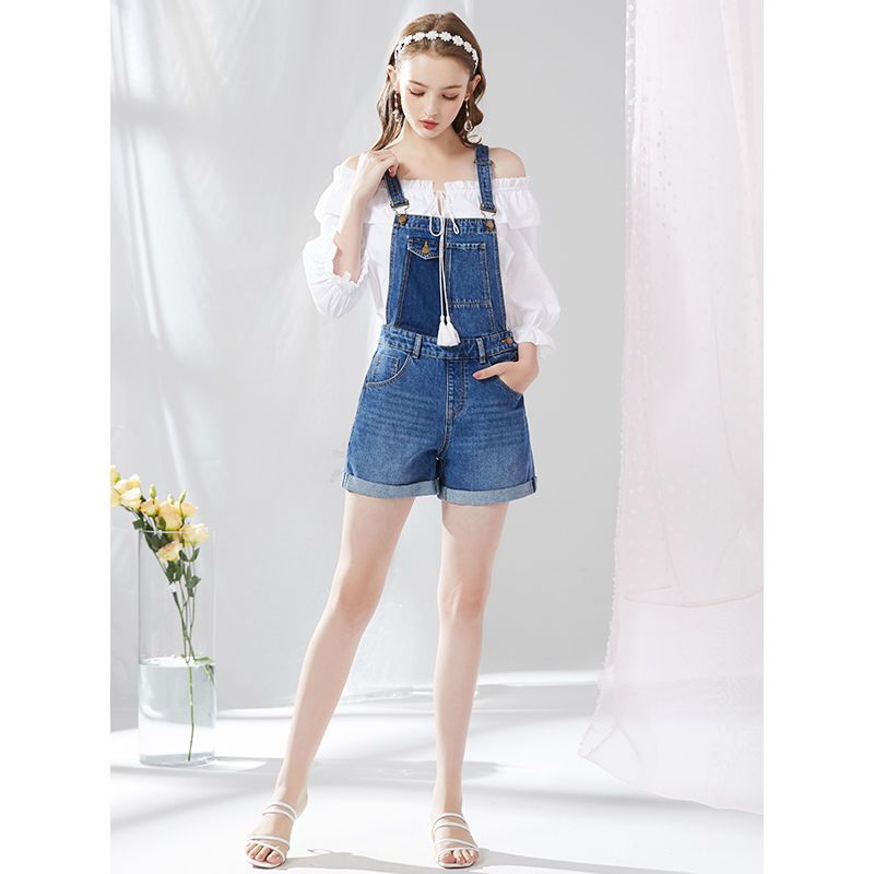 拉夏贝尔牛仔短裤女装高腰夏季新款韩版宽松背带裤直筒阔腿裤