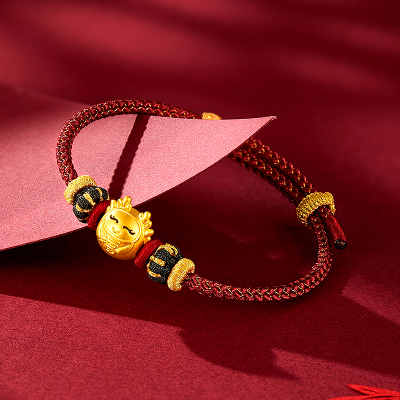 梦金园达摩黄金转运珠爱心福字生肖龙足金手饰本命红绳情侣手链生日