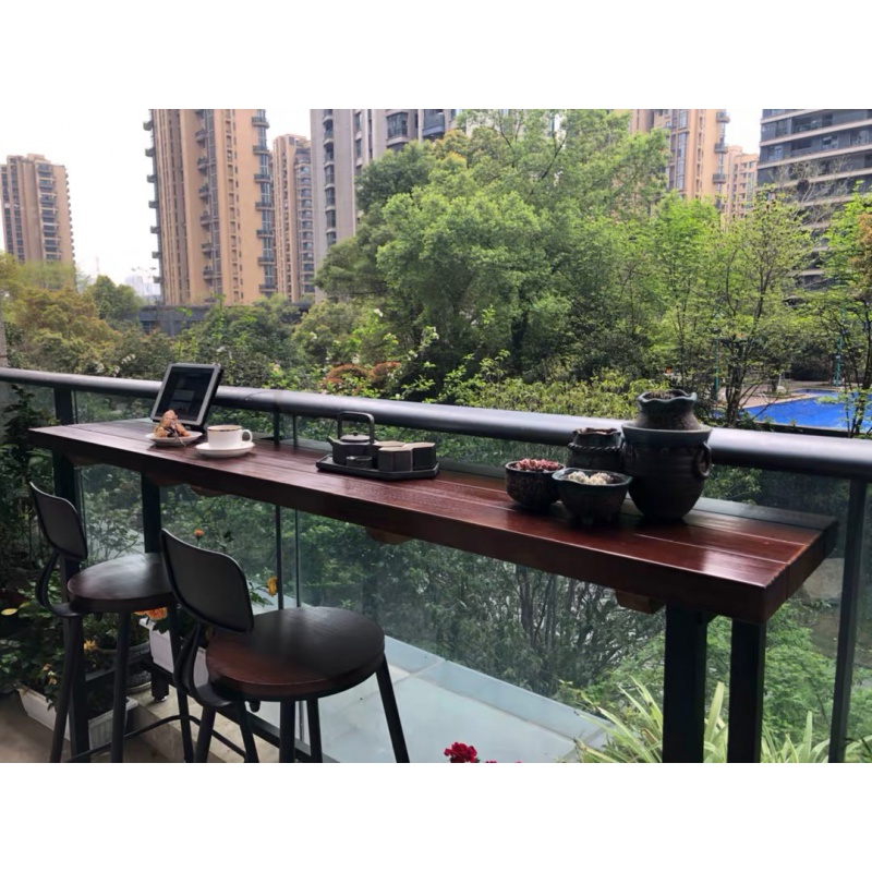 艺可恩阳台小吧台台吧靠窗户外家用高桌脚酒吧桌椅复古创意实木原木
