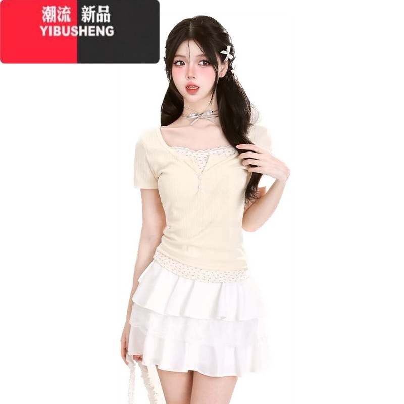 YIBUSHENG美式纯欲新款碎花假两件季辣妹上衣女短袖修身显瘦别致小众T恤高清大图