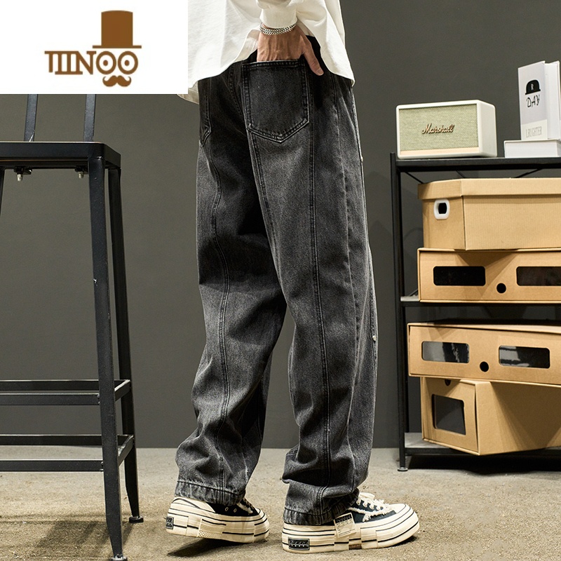 YANXU牛仔裤男美式复古水洗做旧黑色直筒裤宽松拼接工装裤子潮牌款高清大图