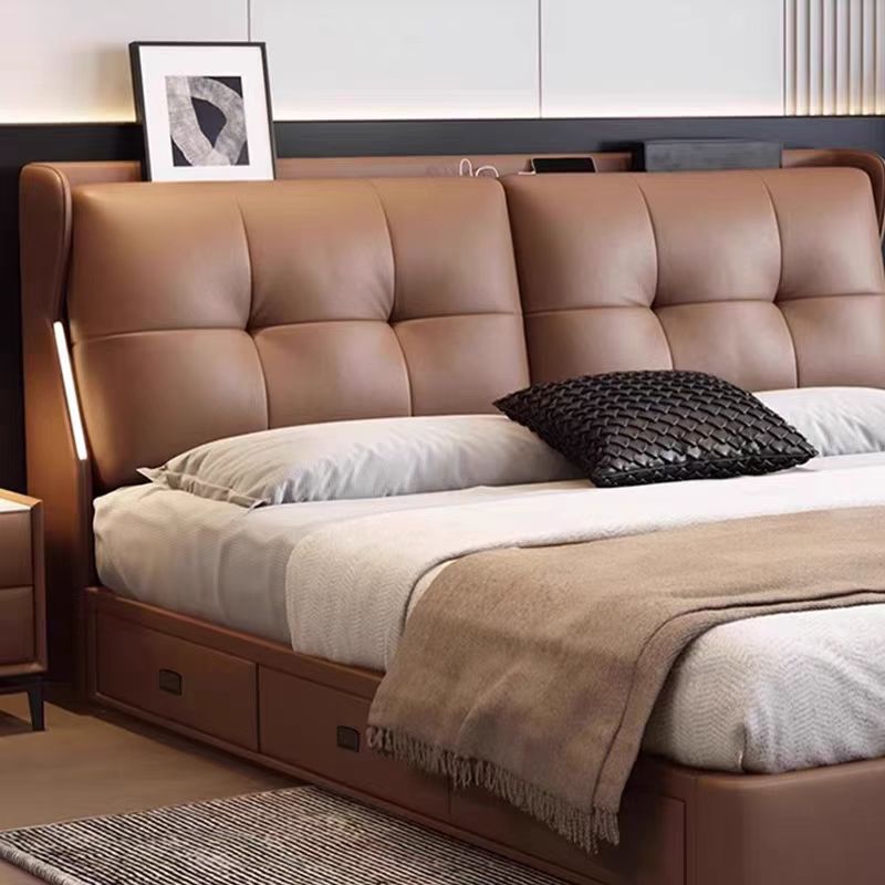 现代简约真皮床高箱抽屉大床储物奶油带灯多功能主卧双人床小户型婚床高清大图