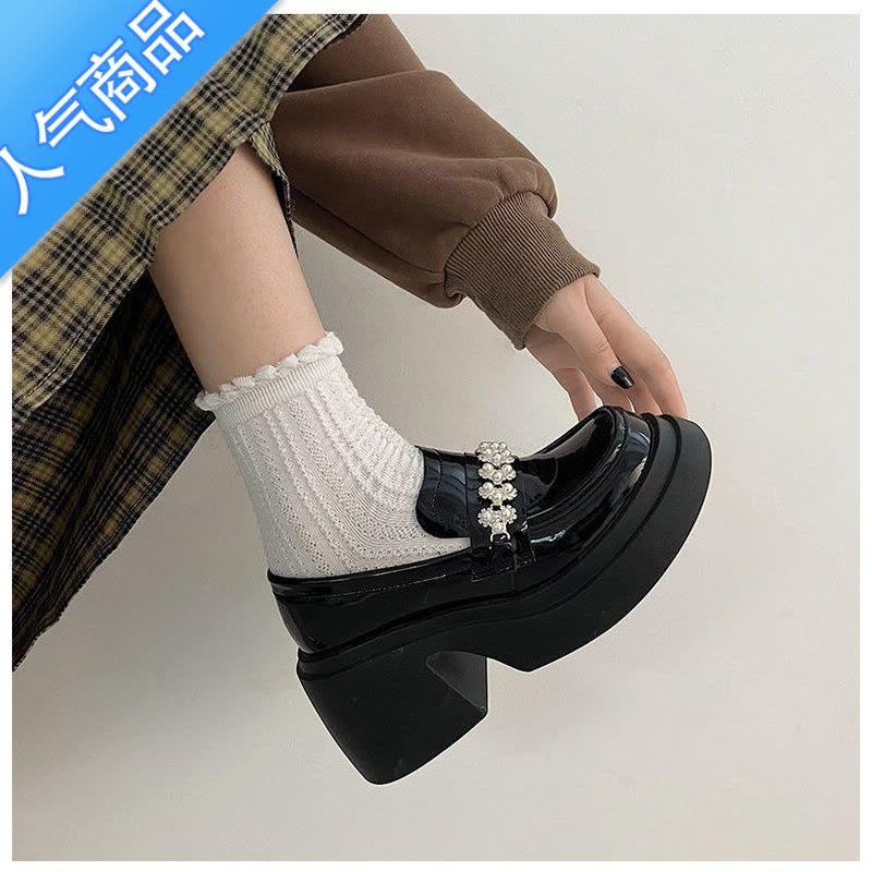 SUNTEK厚底乐福鞋女单鞋2023春秋新款甜酷珍珠高粗跟英伦玛丽珍jk小皮鞋图片