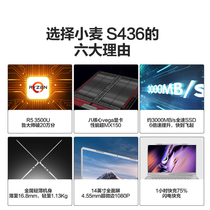 麦本本（MAIBENBEN）小麦S436 14英寸轻薄窄边框商务影音笔记本电脑（银色 AMD 3500U 8G/512G PCI-E）
