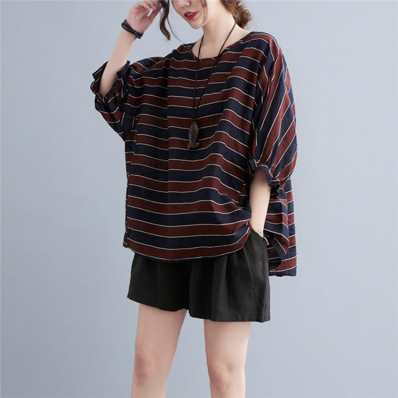 胖mm大码条纹t恤女夏季文艺大码女装复古时尚荷叶袖上衣