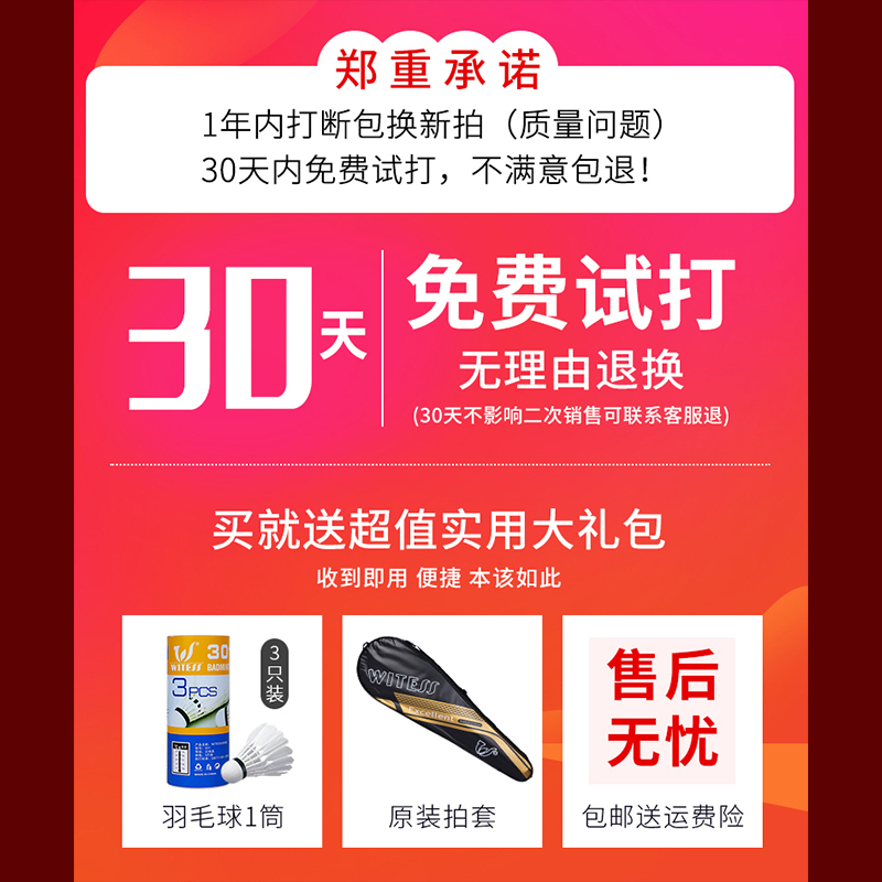 WITESS全碳素超轻羽毛球拍单只装训练球拍比赛单拍碳纤维一体碳素G4手柄通用