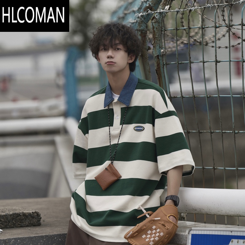 HLCOMAN日系cityboy条纹翻领短袖t恤男25夏季时尚潮流原宿休闲宽松polo衫