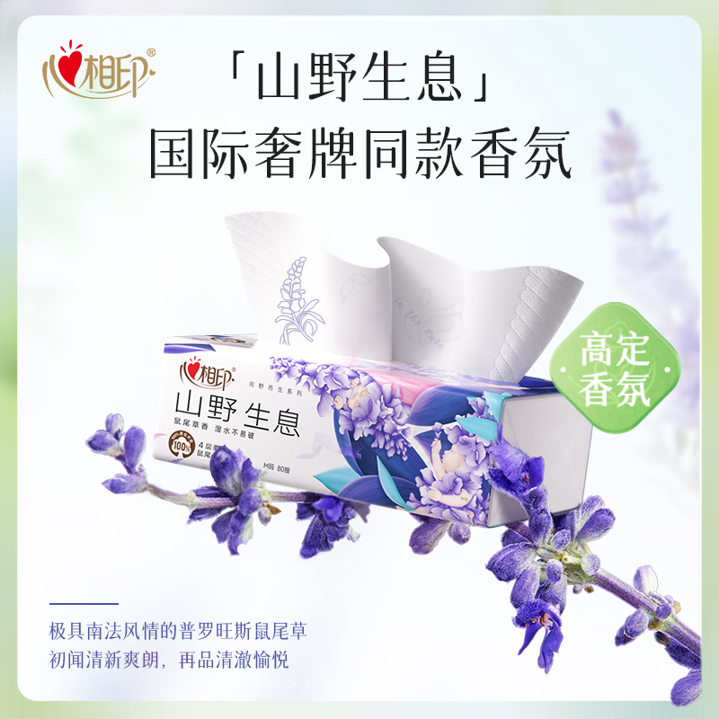 DT42080(箱装)心相印向野而生80抽18包四层塑装面巾纸(鼠尾草印花)M码(影)高清大图
