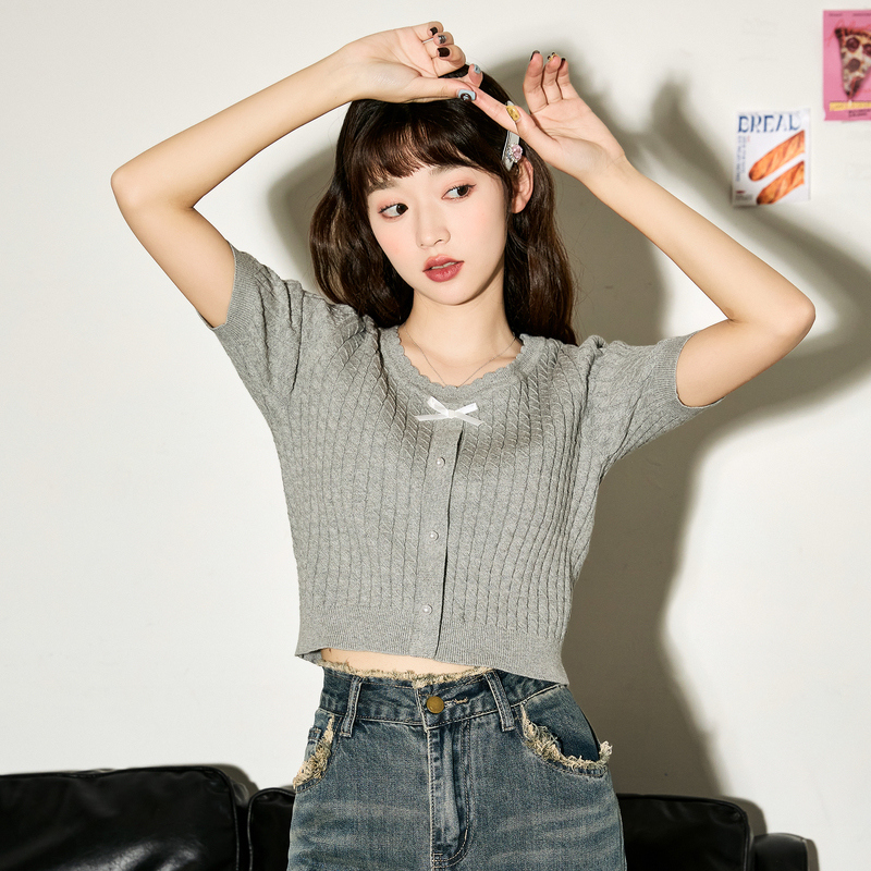 唐狮春夏季女新款针织衫短袖T恤圆领修身短款蝴蝶结毛衣cz