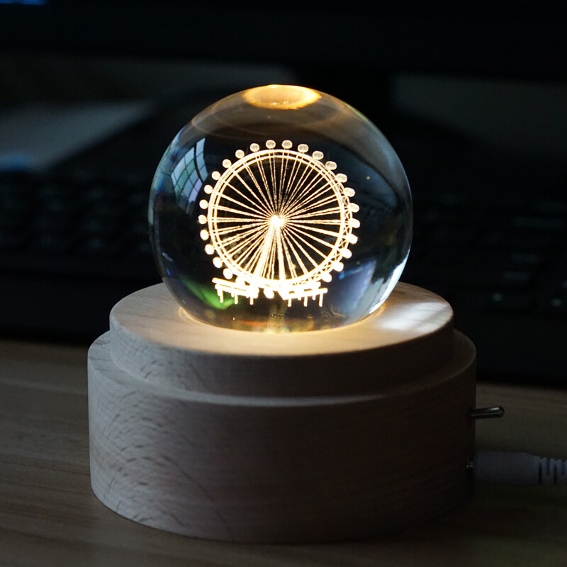 创意3D月亮灯水晶球小夜灯月球灯八音盒音乐床头灯浪漫女生日礼物抖音同款波迷娜BOMINA 摩天轮木底座（不旋转）