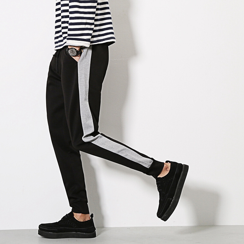 春季条纹收口休闲裤男士加肥加大码运动裤束脚裤小脚裤哈伦潮男裤