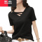 YIBUSHENG黑色短袖t恤女士2024新款宽松正肩显瘦v领设计感大码上衣镂空