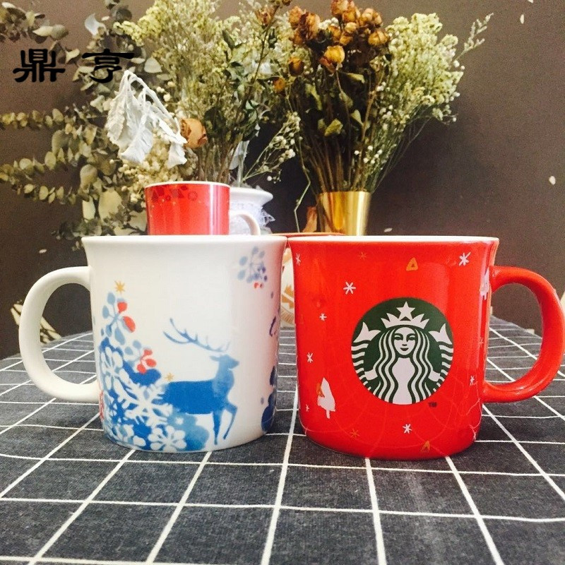 鼎亨12盎司圣诞系列咖啡杯 陶瓷马克杯355ml 可选盖勺礼袋 圣诞节