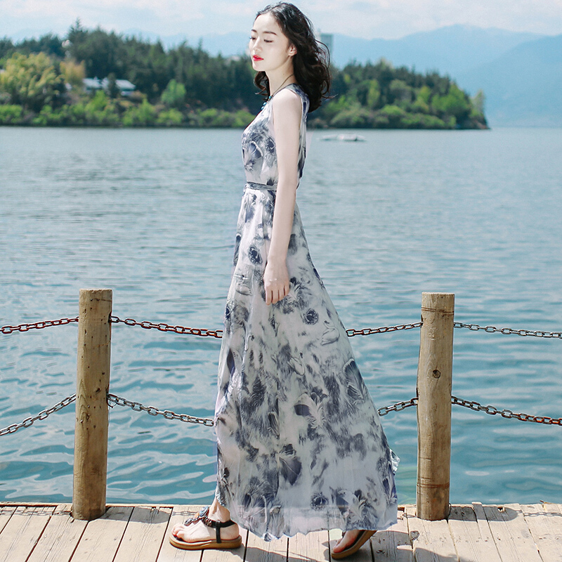 2018夏装新款女装沙滩裙显瘦温柔雪纺连衣裙气质高腰裙子印花长裙图片色XZ16A266