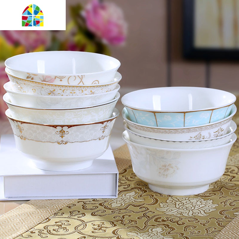 景德镇陶瓷碗4个装高脚泡拉面碗碟餐具简约骨瓷家用大号汤碗套装feng