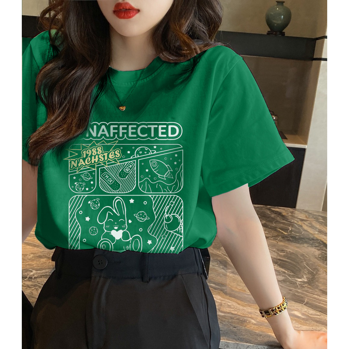 唐狮0夏装新款女短袖T恤休闲潮牌短袖上衣女白色宽松设计感ins_1 M 丛林绿