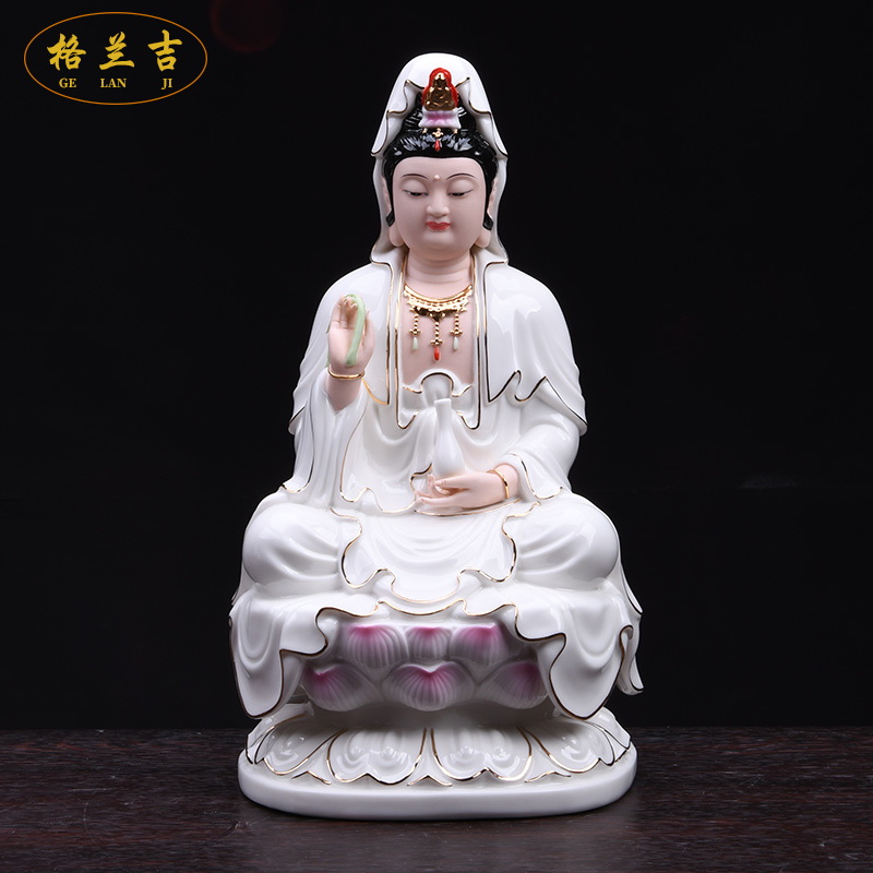 陶瓷坐莲观音佛像娑婆三圣摆件 家用供奉地藏王阿弥陀佛如来 三维工匠 墨绿观世音12寸高清大图