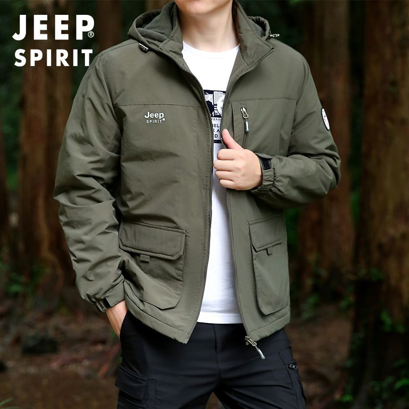 JEEP吉普2024新款连帽加绒夹克男多袋宽松保暖大码休闲外套