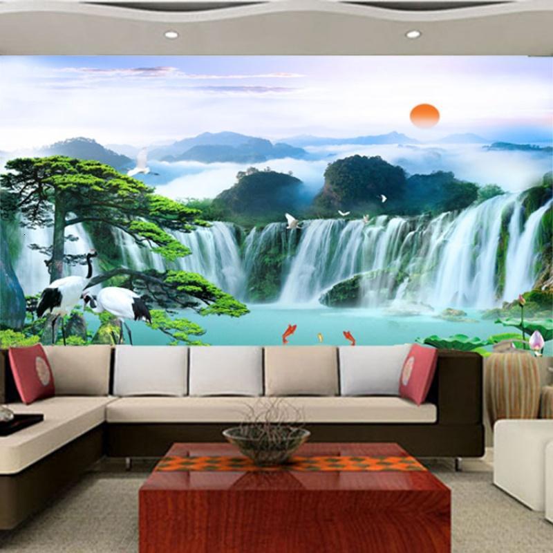 无纺布墙纸客厅电视背景墙壁纸无缝大型壁画中式花山水迎客松仙鹤壹德壹