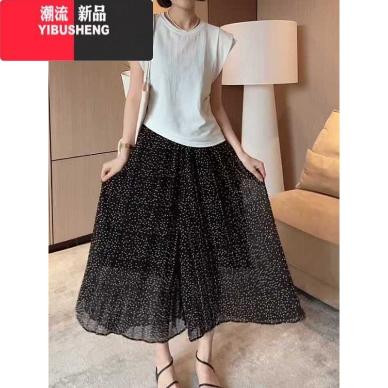 YIBUSHENG大码季宽松高腰阔腿休闲裤女微胖mm显瘦松紧腰气质波点雪纺裙裤高清大图