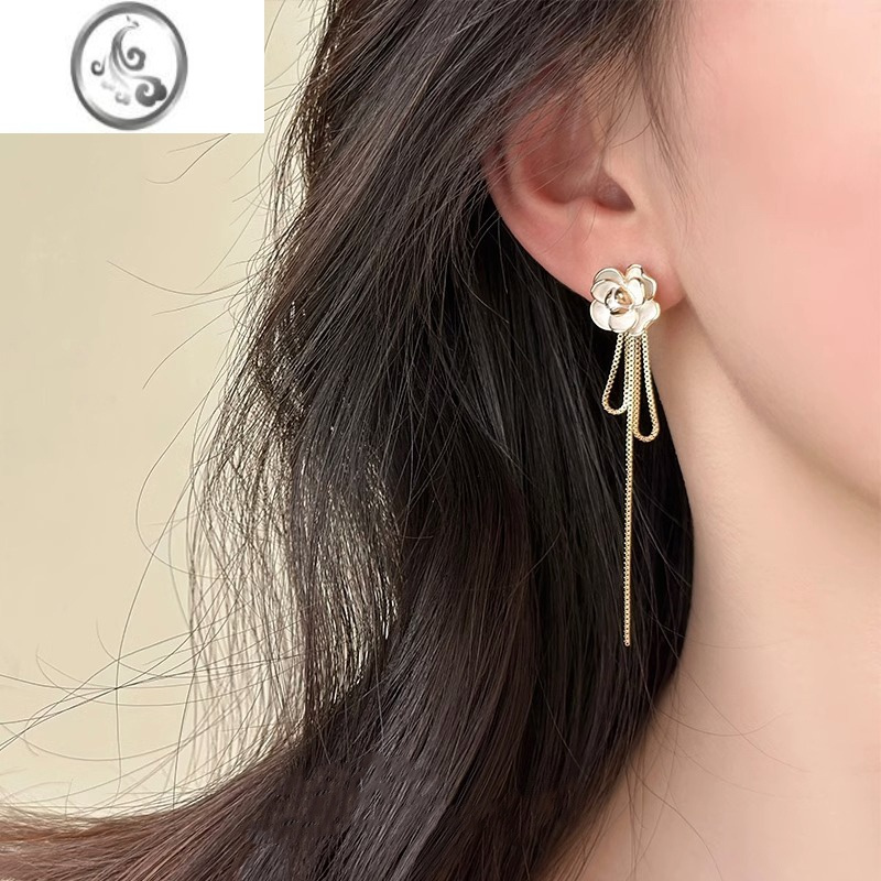 JiMi山茶花流苏耳环小众设计感高级耳线长款显瘦耳饰无洞耳夹银银耳钉
